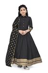 Fashion Dream Girls Maxi Length Foil Printed Dress With Dupatta(Black_13-14 Year)