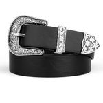 SUOSDEY Western Belt for Women Men, Cowboy Cowgirl Leather Belt for Jeans Vintage Engraved Belt Strap with Floral Buckle black