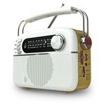 iGear Evoke Retro Modern style Radio and MP3 player with FM/AM/SW, 3 bands, Bluetooth speaker, USB, TF/SD Card, 1200mAh rechargeable battery, Solar charger, Material ABS and Metal, Colour Pearl White and Champagne Gold, 1 Year Free replacement warranty.