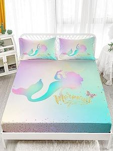 AILONEN Mermaid Fitted Sheet Twin Size, Little Mermaid Bedding Sheet,Butterfly on Rainbow Background Theme Sheet Set for Kids Girls,1 Fitted Sheet and 2 Pillowcases,3 PCS