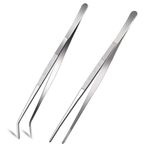 2 Pcs 12 Inch Silver Long Handle Stainless Steel Straight and Curved Tweezers Nippers, Stainless Steel Kitchen Tweezers with Serrated Tips Comfortable Ridged Handle for Garden, Kitchen