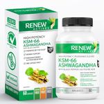 Renew Actives Organic Ashwagandha KSM-66 Extract - 500 mg, More Effective than Standard Ashwagandha for Enhanced Focus, Mood Support, and Energy Boost, Enhanced with Black Pepper for Optimal Absorption, Full-Spectrum Benefits, 60 Capsules, Made in Canada