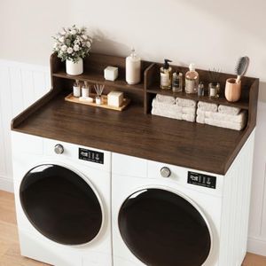 Yoobure 2-Tier Washer Dryer Countertop with Shelves, 54” Laundry Countertop | Laundry Topper with Adjustable Shelves, 54" W × 27.6" D, High Edge Rails, Non-Slip Pads, Wood Laundry Countertop, Walnut