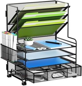 MINDEPOT 4-Tier Paper Organizer + 3-Pocket File Holder + Drawer + 2 Pen Holders, Desktop File Organizers Paper Tray for Office Accessories School Classroom Organization (Black)