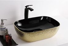 Backline Ceramic Designer Round Table Top/Over Counter/Vessel Sink Wash Basin For Bathroom 18 X 13 X 5.5 Inch (Gold Black)