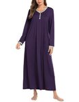 Ekouaer Long Nightgown Long Sleeve Nightshirt Henley Nightwear Full Length Button Up Sleep Dress Dark Purple S