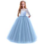 Flower Girl Long Princess Dress Vintage Lace Maxi Gown Kids Formal Wedding Bridesmaid Pageant Tulle Dresses Little Big Girls Elegant Bowknot Dance First Communion Birthday Prom Dresses Blue 7-8Y