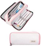 iSuperb Multi Compartments Pencil Case 3 Zippers Pencil Pouch Bag Square Grid Cosmetic Bags Organizer (Plaid Pink)