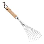 Berry&Bird Stainless Steel Hand Shrub Grass Rake, 9 Teeth Fan Lawn Leaf Rake with Wooden Handle, Heavy Duty Gardening Tools for Garden Patio Backyard and Small Places, Sweep, Picking