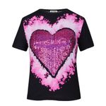 PESION Womens Short Sleeve T-Shirt Sequined Tops O-neck Funny Graphic Tees Blouse, Black+ Pink Tie Dye, Large