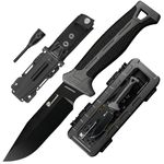 HX OUTDOORS Bushcraft Knife with Fire Starter, Premium D2 Steel Fixed Blade Survival Camping Knife with Plastic Sheath for Outdoor, Hiking, Backpacking (Black)