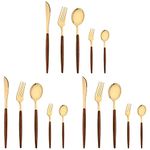 YELONA 15 pcs Golden Flatware Cutlery Set, Stainless Steel with Wooden Handle Tableware Set - 6 Spoons, 6 Forks & 3 Steak Knives