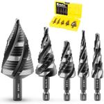 KAKILFOB Four Spiral Flute Step Drill Bit Set, 5 Pieces 1/8"-1-3/8" HSS Unibit Step Drill Bit, 1/4" and 3/8" Shank Step Bits for Metal, Aluminum, Wood, Plastic