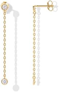 PAVOI 14K Gold Plated Sterling Silver Posts Station Linear Dangle Earrings for Women | Simulated Diamond Chain Drop Earrings, Yellow Gold, Cubic Zirconia