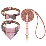 EXPAWLORER Dog Collar and Lead Set - Classic Plaid Dog Bow Tie Collar and Pawprint Dog Bandana Collar with Cute Bell, No Tangle Dog Lead, Adjustable Collars for Puppy Small Dogs Cats, Pink Small