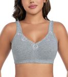 DotVol Women's Lace Cotton Comfort Plus Size Full Cup Minimizer Low Back Wireless Bra(UK 46D,EU 105D,Grey)