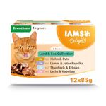 IAMS Delights Complete Wet Cat Food for Adult 1+ Cats Meat and Fish Variety in Gravy Multipack 12 x 85 g Pouches