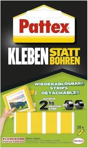 Pattex Kleben statt Bohren Klebe-Strips, starkes doppelseitiges Klebeband, ablösbare Klebestreifen, Kleber sichert Objekte dauerhaft ohne Bohren, 10 Streifen je 20 x 40mm