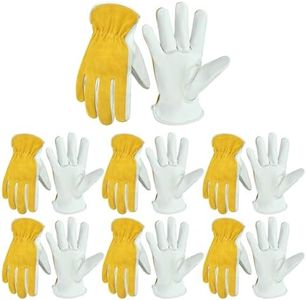 HANDLANDY Leather Work Gloves for Men & Women, Flex Grip Garden Gloves, Cowhide Working Glove for Wood Cutting, Construction, Gardening, Driving, Yard Work(Beige- Yellow, L(Pack of 6))