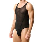 FYMNSI Men's Sheer Mesh Bodysuit Leotard See Through Thong Underwear Wrestling Singlet Fitness Undershirt One Piece Romper, Black, X-Large