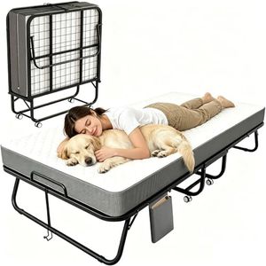 Folding Bed with Mattress Single Foldable Bed, Roll Away Beds for Adults, 190 * 96.5 * 40CM Roll Away Portable Beds with Mattress, Folded Frame for Small Apartment, Guest Room (White)
