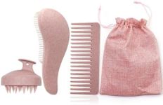 Hairbrush Set, Scalp Massager Shampoo Brush Wide Teeth Comb Wet Dry Comb With Bag, Eco-friendly Wheat Straw Hair Brush for Hair Growth (Pink)