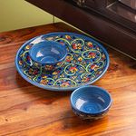 Exclusivelane 'Mughal Gardens' Hand-Painted Ceramic Plates For Dinner Serving Set For Kitchen With Ceramic Bowl Katoris & Ceramic Dinner Set (3 Pcs,Serving For 1,Microwave Safe,Dishwasher Safe)-160 Ml