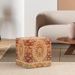 Albany Living Jacquard Modern Ethnic Square Polyester Chenille Pouf Ottoman/Footstool, Seat for Living Room, Bedroom and More, Red