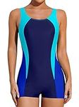 CharmLeaks Womens Boyleg One Piece Swimsuit Athletic Swimwear Lap Bathing Suit Royal Blue/Sky Blue S