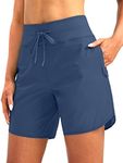 G Gradual Women's 7" Quick Dry High Waisted Swim Board Shorts with Zipper Pockets UPF 50+ Beach Shorts for Women with Liner, Dusty Blue, Large