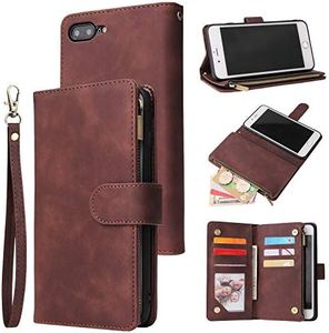 UEEBAI Wallet Case for iPhone 7 Plus iPhone 8 Plus, Premium Vintage PU Leather Magnetic Closure Handbag Zipper Pocket Case Kickstand Card Holder Slots with Wrist Strap Shockproof Flip Case -Coffee