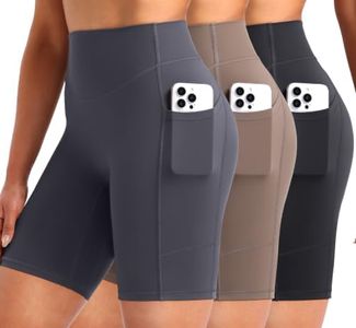 ENERBLOOM Biker Shorts for Women with Pockets, 8" Spandex Workout Shorts, Lightweight for Summer Cycling Running Yoga Gym Black Grey Coffee X-Large