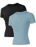 IECCP Yoga Shirts for Women Workout Exercise Tops Short Sleeves Sports T-Shirts 2 Pack Crewneck Compression Seamless Athletic Yoga Tee Gym Shirts S