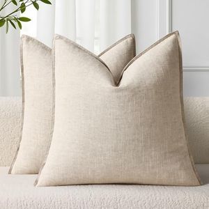 decorUhome Summer Decorative Linen Throw Pillow Covers 18x18 Inch Set of 2 Natural Beige Pillow Covers with Flange Edges Soft Farmhouse Boho Accent Pillow Cases for Couch Bed Living Room