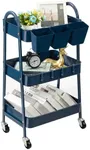 danpinera 3-Tier Rolling Cart, Utility Cart Mobile Metal Rolling Storage Cart with Lockable Wheels & Hanging Cups & Hooks for Kitchen, Bathroom, Office, Workshop, Dark Blue