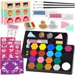 TEUVO Face Paints Kit for Children, 19 Colors Water Based & Quick Dry Body Non-Toxic Face Painting Kit with 35 Stencils 3 Brushes Rainbow Cake Hair Chalks Kids Makeup Kit for Halloween Carnival Party
