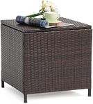 Verano Garden Outdoor Wicker Side Table, Small Storage Rattan Wicker End Table, Square Resin Coffee Table for Garden Porch Deck Living Room Backyard (Brown)