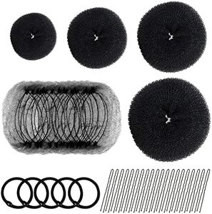 FANDAMEI Hair Donut Bun Maker Set - 4 Bun Shapers, 20 Invisible Nets, 5 Elastics, 20 Bobby Pins (Black)