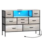 Simoretus Long Dresser with Charging Station and LED Light for Bedroom 8 Fabric PU Drawers Wide Chest of Drawers with Power Outlet Storage Open Shelf for Living Room TV Stand Closet Hallway (Greige)