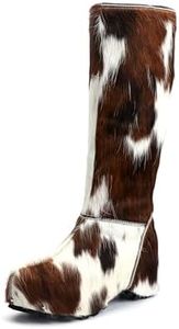 XOBZJH Women’s Cowhide Calf Hair Knee-High Winter Boots, Wool-Lined Warm Fur Snow Boots with Built-In Waterproof Platform, Anti-Slip Sole, Animal Print Western Style Real Cow Hide Boots