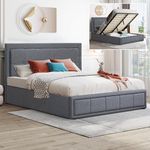 Blisswood Ottoman Bed Frame, 5ft King Upholstered Ottoman Bed, UKFR Linen Fabric Ottoman Storage Bed With Gas Lift End Opening Wooden Slats With Storage Bed (5ft King, 160 x 214 cm, No Mattress)