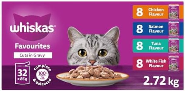 WHISKAS Favourites Adult Wet Cat Food - Chicken, Salmon, Tuna, White Fish Flavour Cuts in Gravy - 100% Complete and Balanced - Multipack 32x 85g Pouches