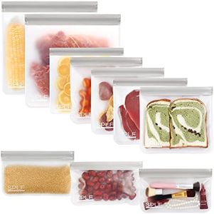 SPLF 10 Pack FDA Grade Reusable Storage Bags (5 Reusable Sandwich Bags, 3 Reusable Snack Bags, 2 Reusable Gallon Bags), Extra Thick Leakproof Silicone and Plastic Free Ziplock Lunch Bags Freezer Safe