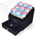 Kylin Glory Forever Roses with Rose Gold Necklace for Delivery Prime - 9 Piece Preserved Flowers under Arylic Cover, Visible Freshness, Ideal for Mothers & Valentines Day (Blue & Pink)