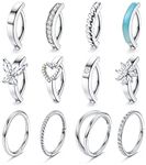 FIOROYAL 12Pcs Belly Button Ring Surgical Steel 14G Clicker Belly Rings Set CZ Opal Heart Butterfly Hoop Belly Button Piercing Reverse Navel Rings Silver Summer Body Piercing Jewelry