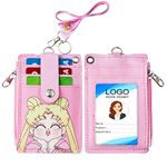 HASFINE ID Badge Holder with Cartoon Anime Girl PU Leather ID Card Wallet & Lanyard, 2-Sided 5 Card Slots, Zippered Pocket, Detachable Keychain Lanyard for Teachers, Students, Nurses, Office Staff