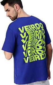 Veirdo® Royal Blue Oversized Cotton Graphic Print Round Neck T-Shirt with Back Print for Men (XL)