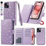 Varikke Compatible with iPhone 15 Case, 2-in-1 Wallet Case with Card Holder, Detachable Magnetic Phone Case with Kickstand, Glitter PU Leather Wrist Strap Cases 6.1 inches, Light Purple