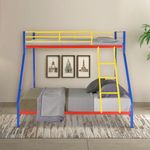 Royal Interiors Mia Queen + Single Twin Over Twin Metal Bunk Beds for Kids/Adults | Double Decker Bed for Kids Room Furniture | Frame Only, Mattress Not Included (Red, Blue & Yellow) Glossy