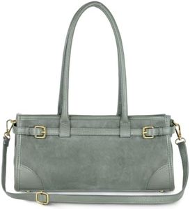 Italian Genuine Suede Compact Bag for Women with Leather Trim | Rectangular Structured Shoulder Crossbody Purse (Grey)